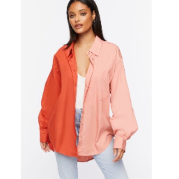 Tops - Oversized Cotton Poplin Two-Tone Collared Button Down Shirt in Pink & Rust Red